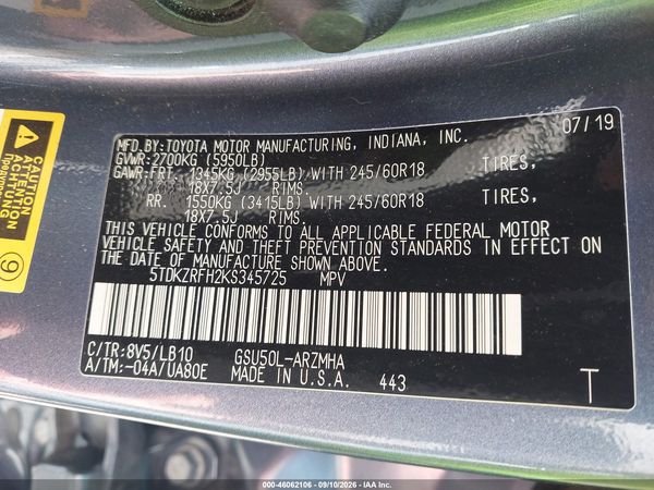 2019 TOYOTA HIGHLANDER XLE — I9