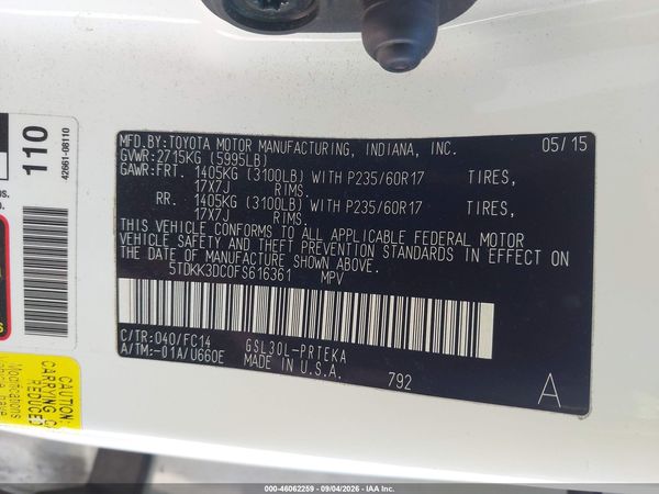 2015 TOYOTA SIENNA LE 8 PASSENGER — I9