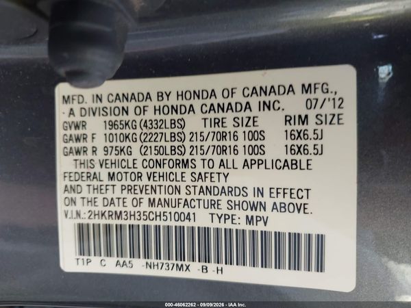 2012 HONDA CR-V LX — I9