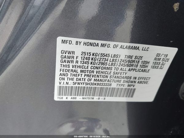 2019 HONDA PILOT EX — I9
