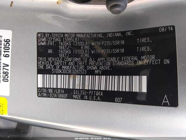 2014 TOYOTA SIENNA XLE 7 PASSENGER — I9