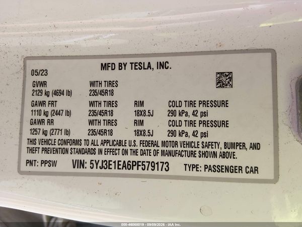 2023 TESLA MODEL 3 REAR-WHEEL DRIVE — I9