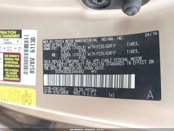 2014 TOYOTA SIENNA XLE V6 8 PASSENGER