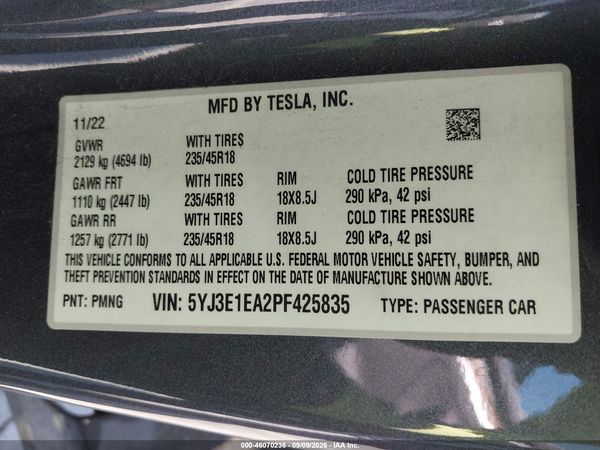 2023 TESLA MODEL 3 REAR-WHEEL DRIVE — I9