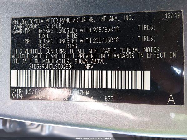 2020 TOYOTA HIGHLANDER XLE — I9