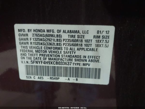 2012 HONDA PILOT TOURING — I9