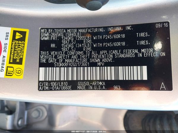 2016 TOYOTA HIGHLANDER XLE V6 — I9