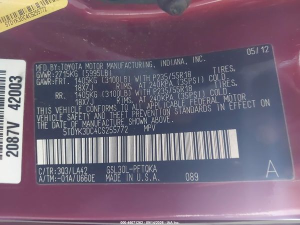 2012 TOYOTA SIENNA LIMITED V6 7 PASSENGER — I9