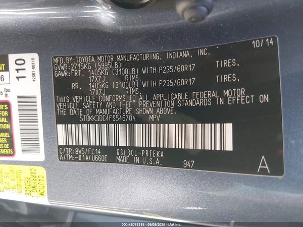 2015 TOYOTA SIENNA LE 8 PASSENGER — I9