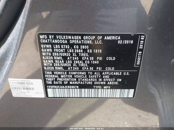 2018 VOLKSWAGEN ATLAS 3.6L V6 SE W/TECHNOLOGY — I9