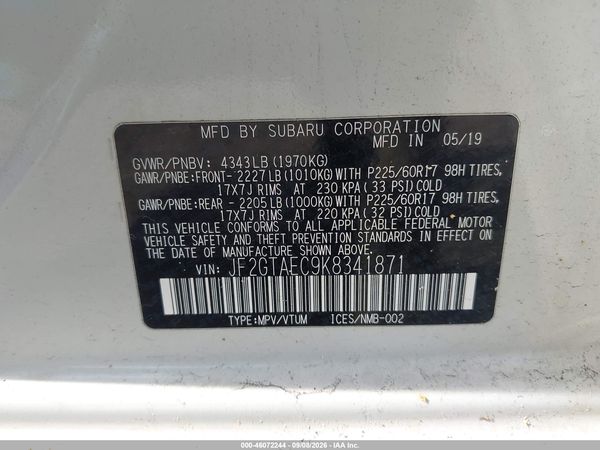 2019 SUBARU CROSSTREK 2.0I PREMIUM — I9