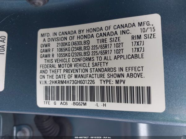 2016 HONDA CR-V EX-L — I9