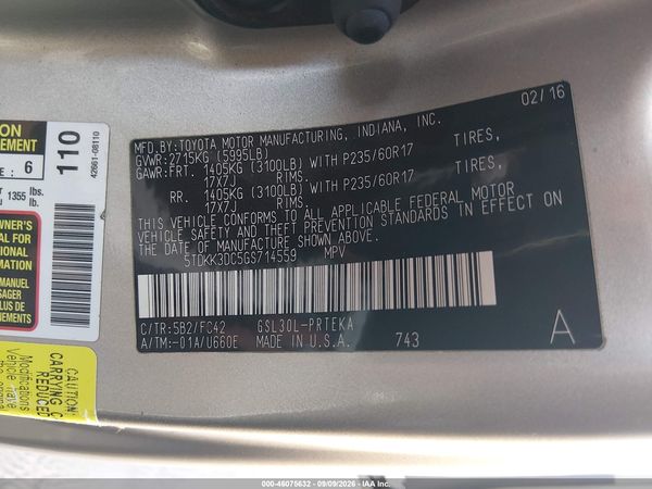 2016 TOYOTA SIENNA LE 8 PASSENGER — I9