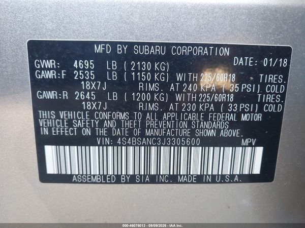 2018 SUBARU OUTBACK 2.5I LIMITED — I9