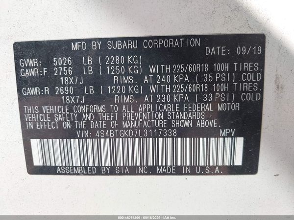 2020 SUBARU OUTBACK ONYX EDITION XT — I9