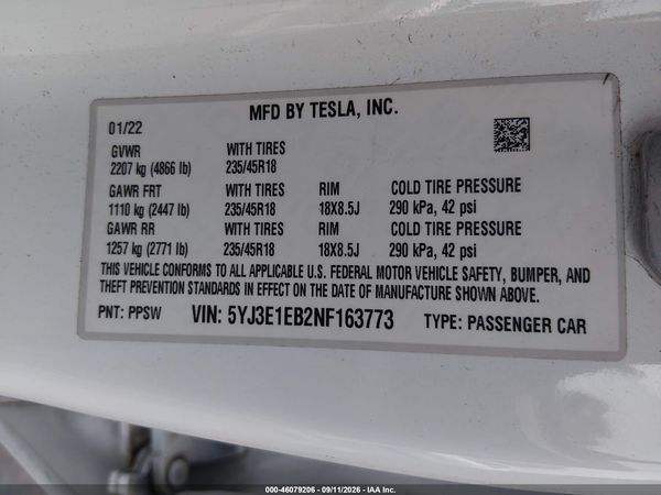 2022 TESLA MODEL 3 — I9