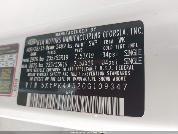 2016 KIA SORENTO 3.3L SX — I9