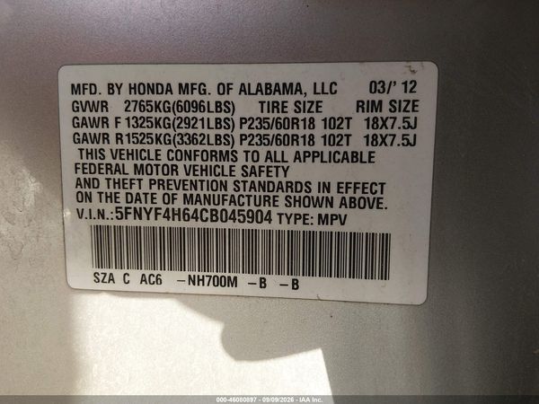 2012 HONDA PILOT EX-L