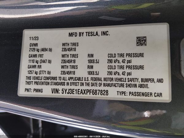 2023 TESLA MODEL 3 REAR-WHEEL DRIVE — I9