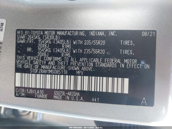 2021 TOYOTA HIGHLANDER PLATINUM — I9