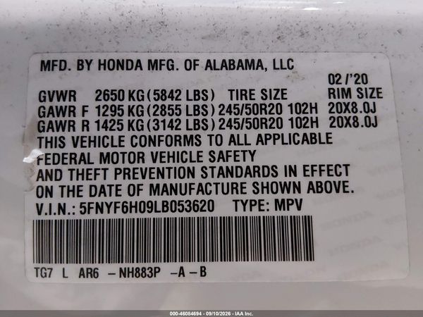 2020 HONDA PILOT AWD ELITE — I9