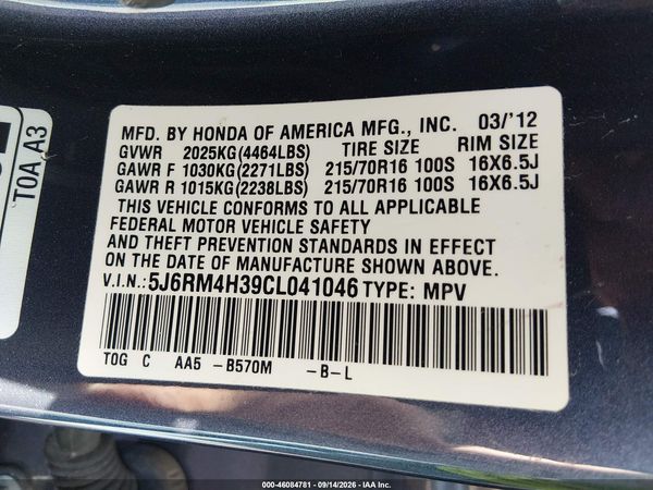 2012 HONDA CR-V LX — I9