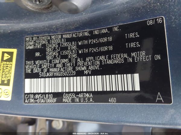 2016 TOYOTA HIGHLANDER XLE V6 — I9
