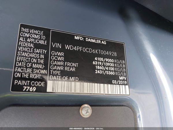 2019 MERCEDES-BENZ SPRINTER 2500 HIGH ROOF V6 — I9