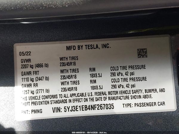 2022 TESLA MODEL 3 — I9