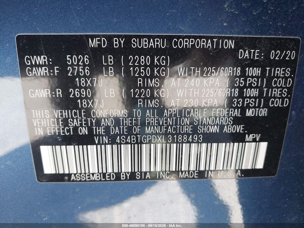 2020 SUBARU OUTBACK TOURING XT — I9