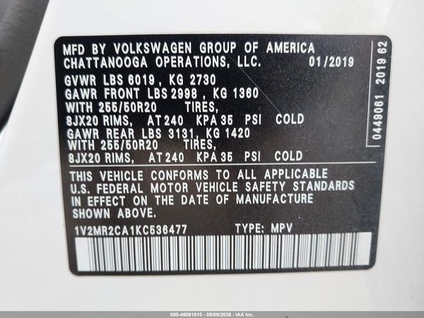 2019 VOLKSWAGEN ATLAS 3.6L V6 SEL — I9