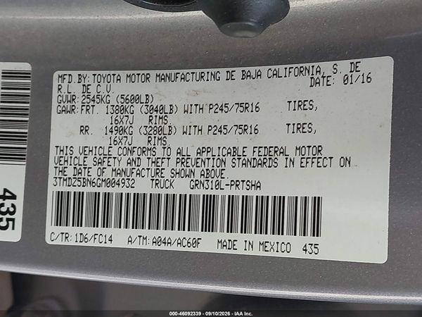 2016 TOYOTA TACOMA SR5 V6 — I9