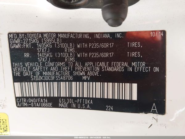 2015 TOYOTA SIENNA L 7 PASSENGER — I9