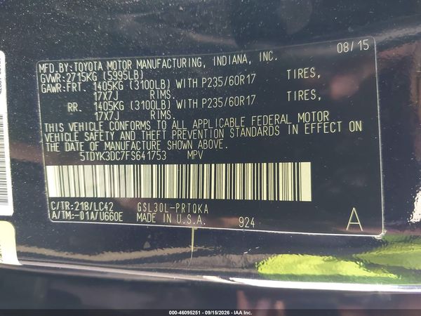 2015 TOYOTA SIENNA XLE 8 PASSENGER
