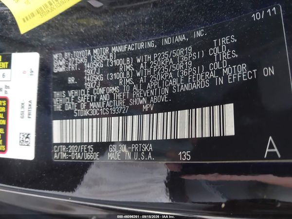 2012 TOYOTA SIENNA SE 8 PASSENGER — I9
