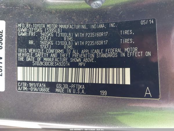 2014 TOYOTA SIENNA L V6 7 PASSENGER — I9