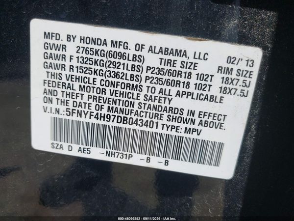 2013 HONDA PILOT TOURING — I9