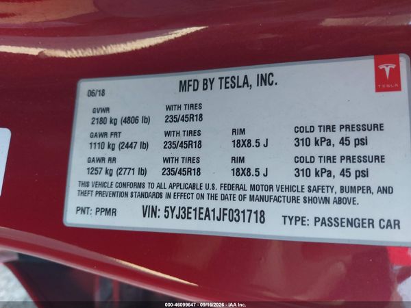 2018 TESLA MODEL 3 LONG RANGE/MID RANGE — I9