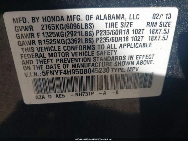 2013 HONDA PILOT TOURING — I9