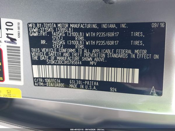 2017 TOYOTA SIENNA LE 8 PASSENGER — I9