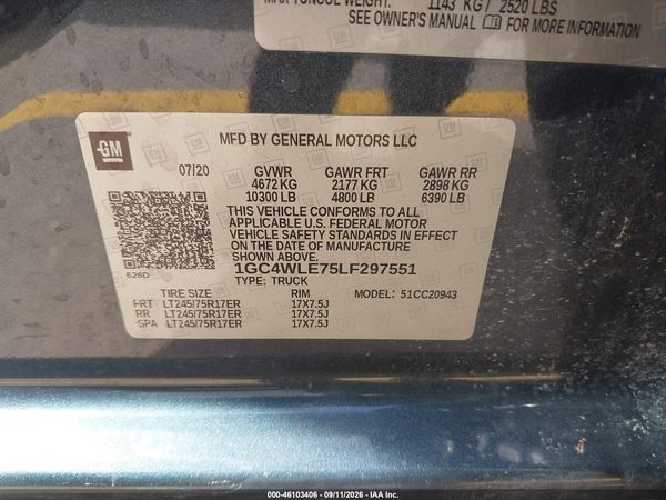 2020 CHEVROLET SILVERADO 2500HD 2WD  LONG BED WT — I9