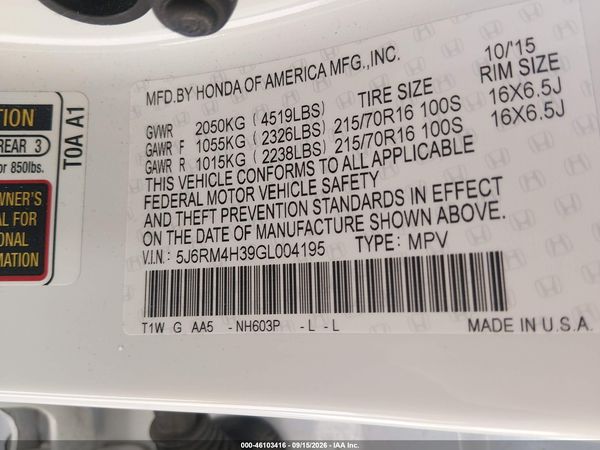 2016 HONDA CR-V LX — I9