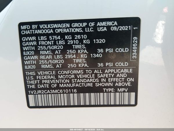 2021 VOLKSWAGEN ATLAS 3.6L V6 SE W/TECHNOLOGY — I9