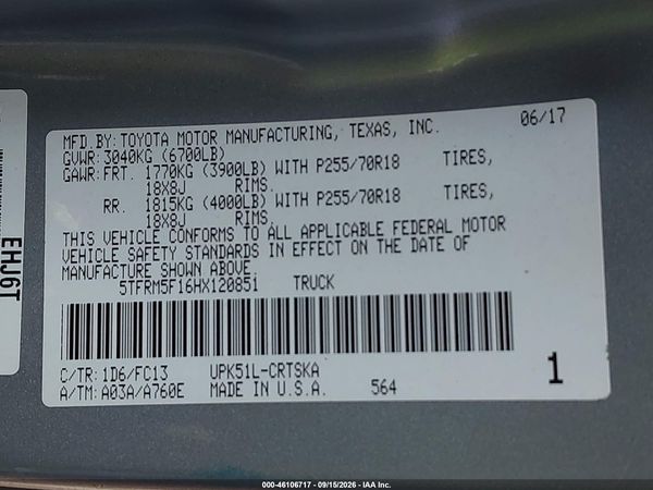 2017 TOYOTA TUNDRA SR5 4.6L V8 — I9