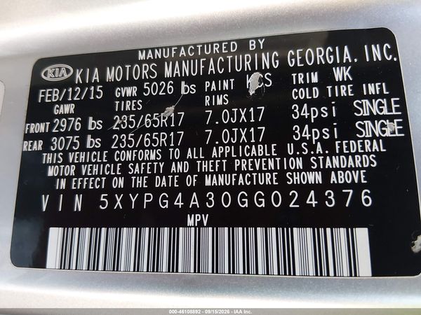 2016 KIA SORENTO 2.4L L — I9