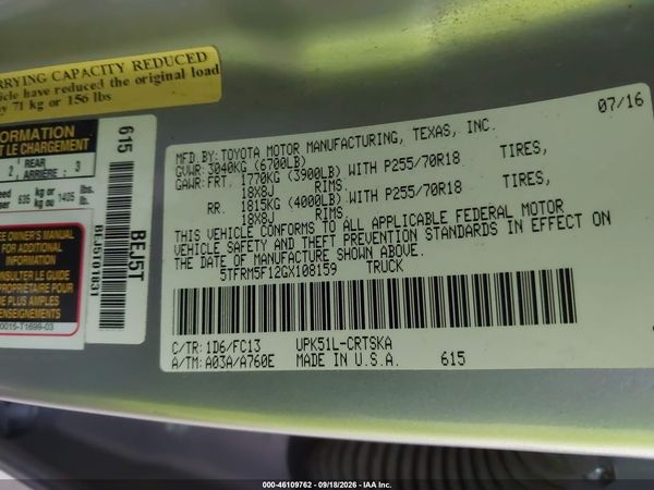 2016 TOYOTA TUNDRA SR5 4.6L V8 — I9