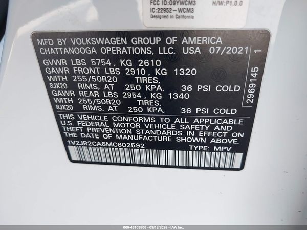 2021 VOLKSWAGEN ATLAS 3.6L V6 SE W/TECHNOLOGY — I9