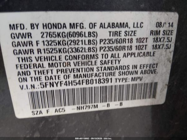 2015 HONDA PILOT EX-L — I9