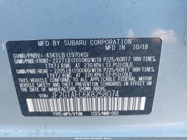 2019 SUBARU CROSSTREK 2.0I PREMIUM — I9