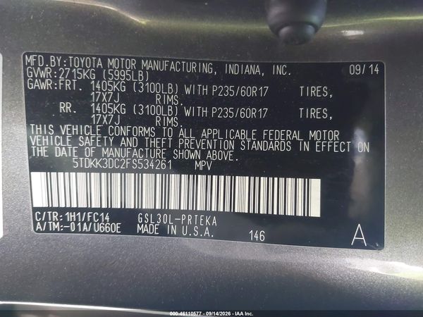 2015 TOYOTA SIENNA LE 8 PASSENGER — I9